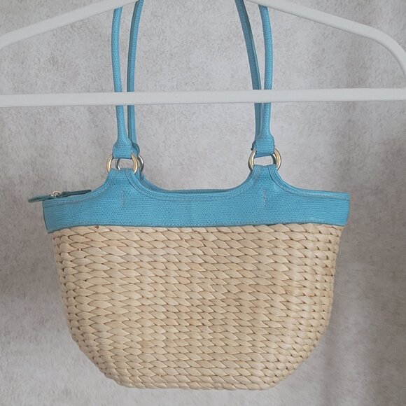 Straw Purse Vintage Flower Embellished Multi Color with Blue Trim - Picture 2 of 16